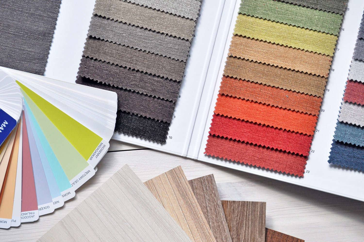 colour swatches for paint, fabrics, and stains