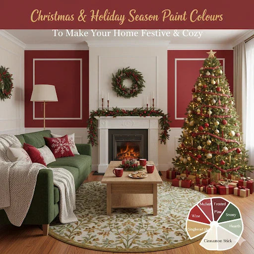 Festive living room with dark red walls, green sofa, Christmas tree, and holiday decorations for a cozy seasonal atmosphere.