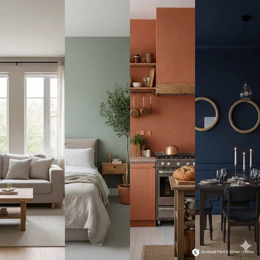 Interior rooms showcasing living room, bedroom, kitchen, and dining room paint color ideas for different moods.