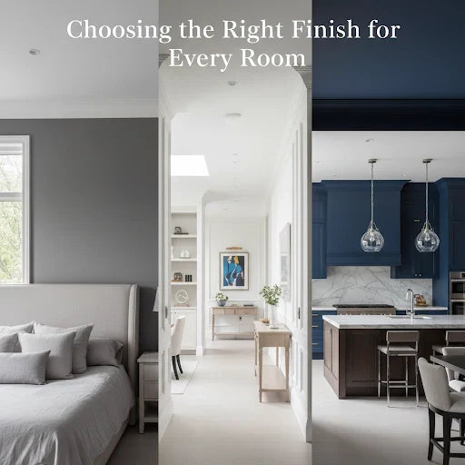 Triptych image showcasing a bedroom, hallway, and kitchen, illustrating different design finishes for every room.